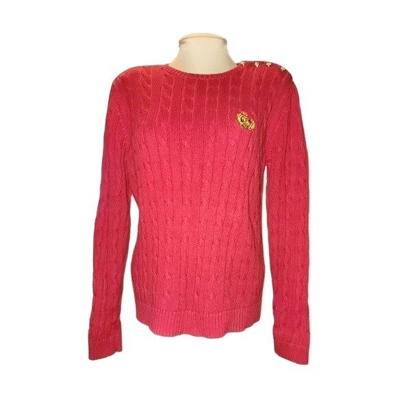Chaps Red & Gold 100% Cotton Cable Knit Crew Neck Sweater Size L - Picture 1 of 7
